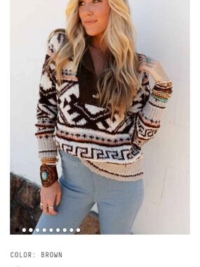 Three Bird Nest Brown & Cream Patterned Turtleneck Sweater